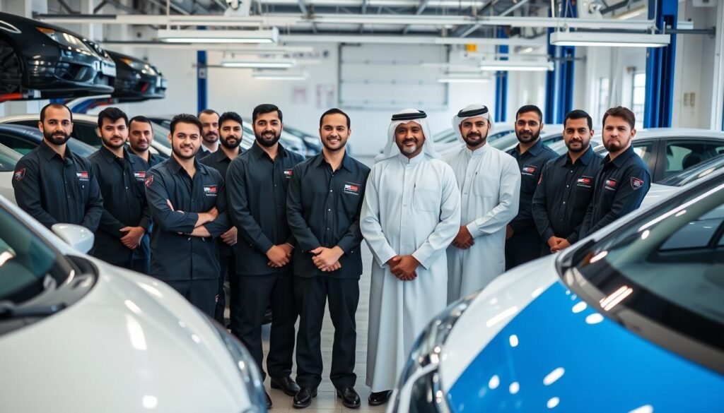 فريق العمل في مركز حلم لصيانة السيارات في الرياض
