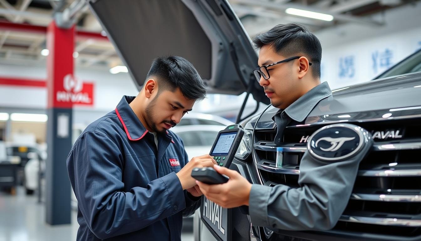 فني كهرباء سيارات صينية بالرياض يقوم بفحص نظام كهربائي لسيارة هافال