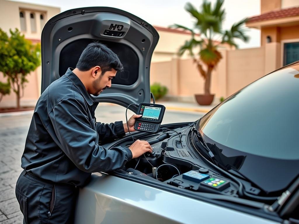 فني كهربائي يقوم بإصلاح مشاكل كهربائية في سيارة صينية في الرياض