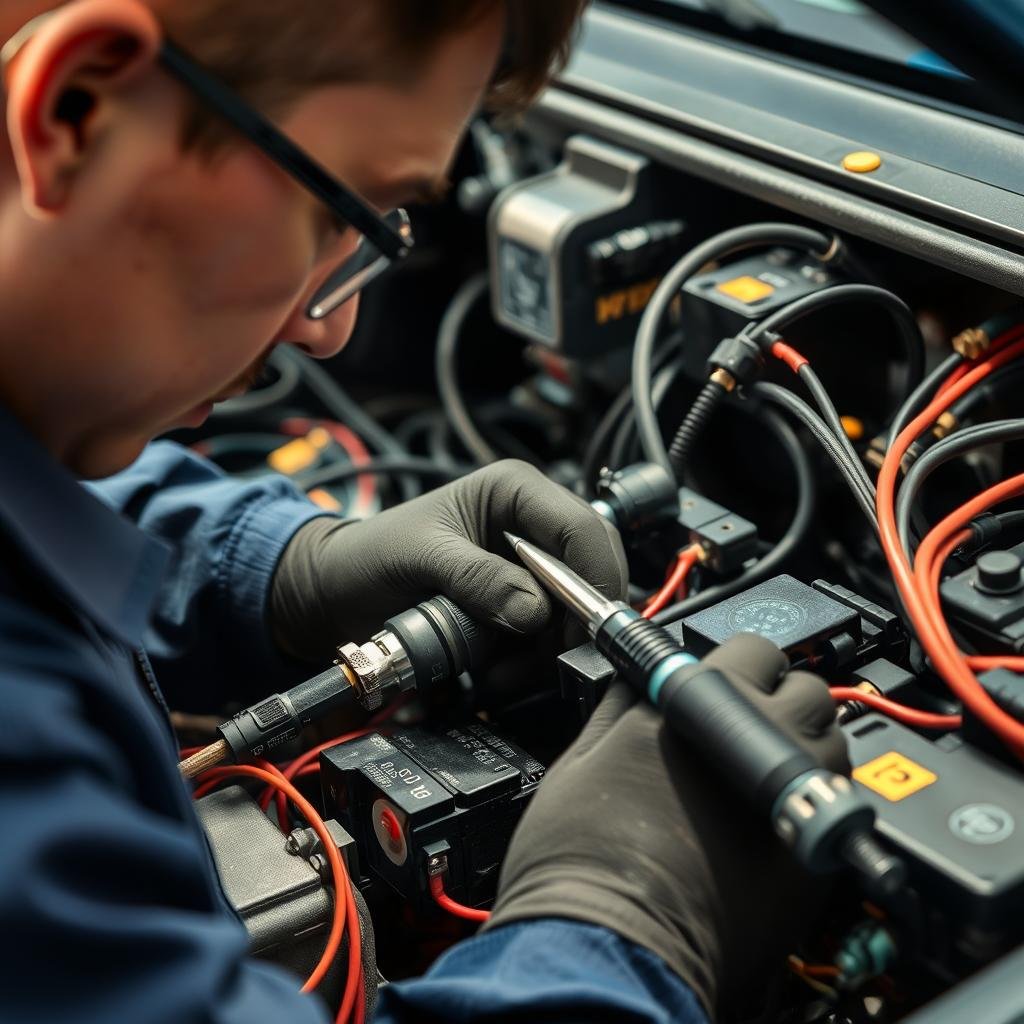 فني متخصص يعمل على إصلاح كهرباء سيارة صينية في مركز حلم