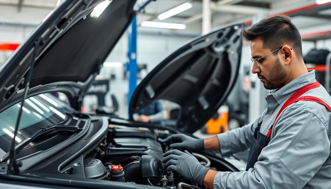 فني ميكانيكي سيارات صينية بالرياض يعمل على إصلاح سيارة في مركز حلم