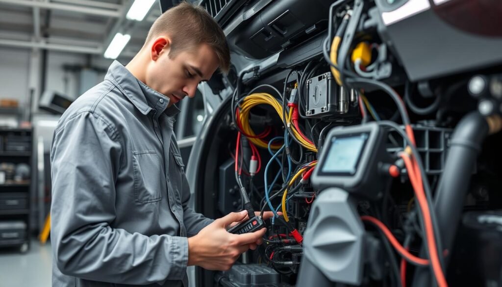 فني يقوم بإصلاح نظام كهرباء سيارة صينية في مركز حلم بالرياض