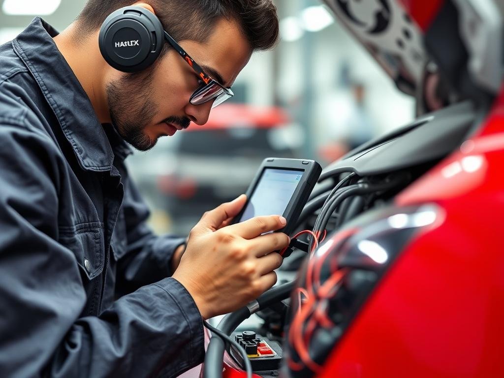 فني يقوم بإصلاح نظام كهرباء سيارة صينية في مركز حلم بالرياض