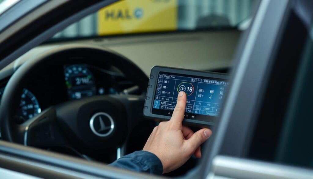 فني يقوم بفحص كمبيوتر سيارة صينية باستخدام جهاز تشخيص متخصص