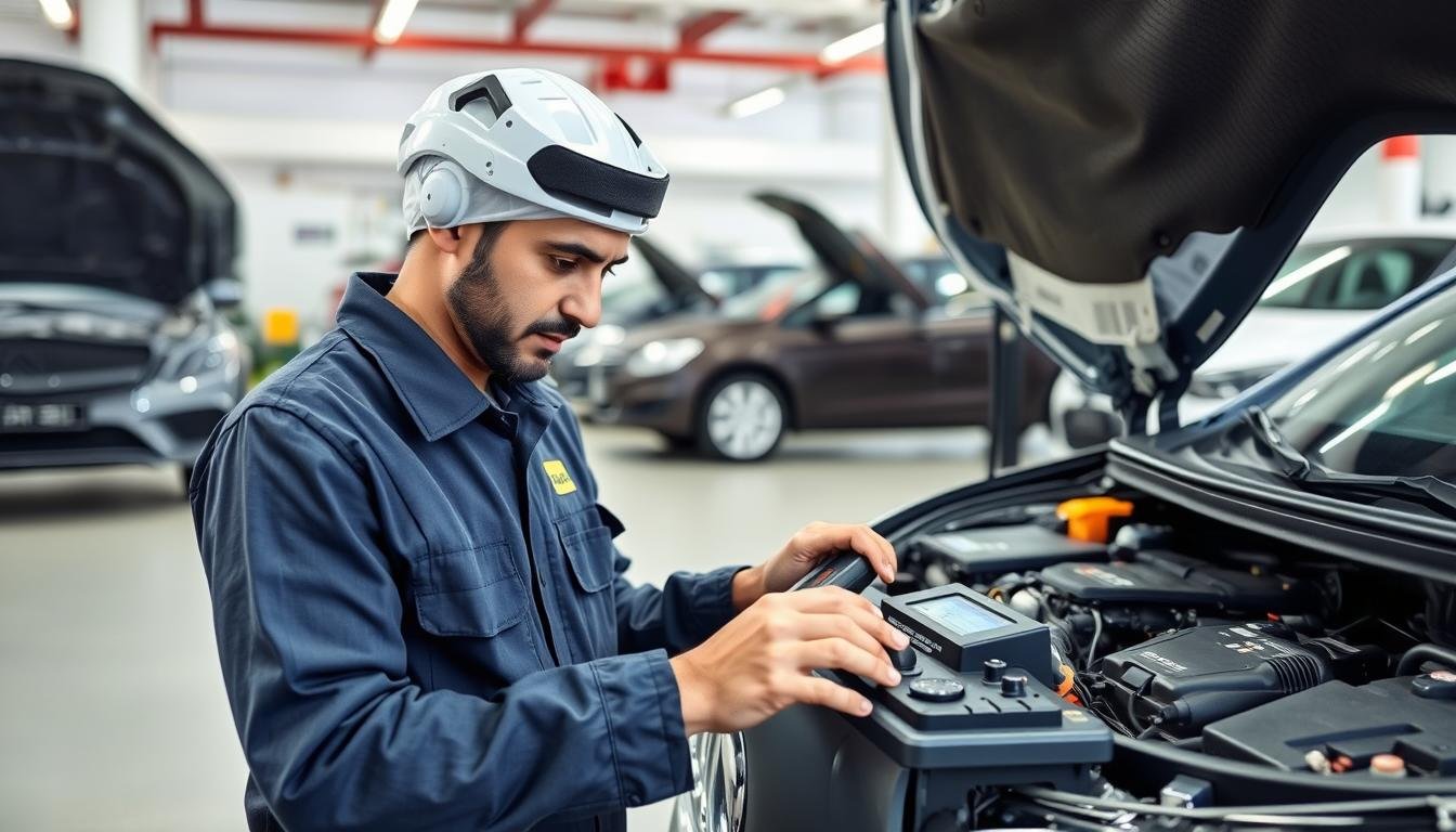 كهربائي سيارات صيني بالرياض يقوم بفحص بطارية سيارة صينية