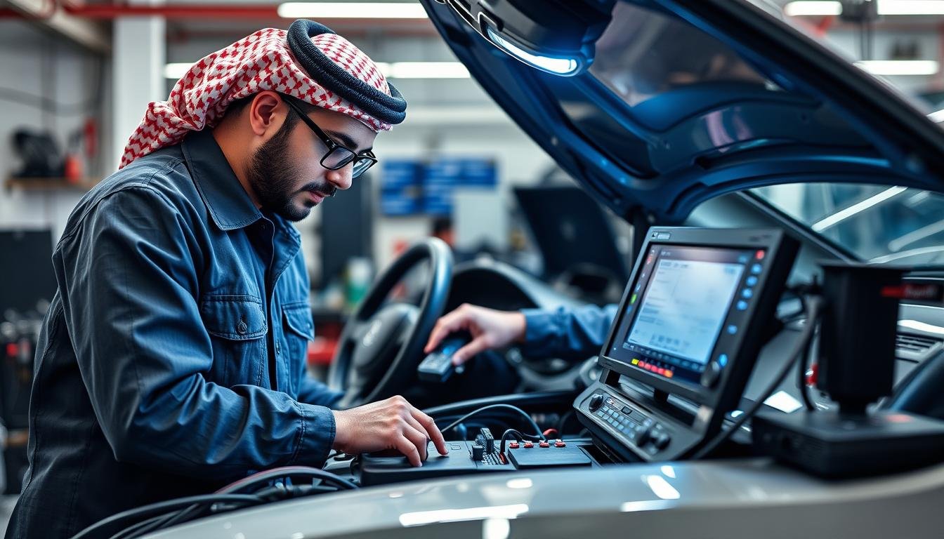 كهربائي سيارات صيني بالرياض يقوم بفحص نظام كهربائي لسيارة صينية