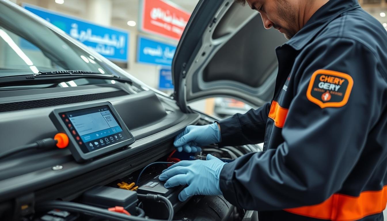 كهربائي سيارات صيني متنقل بالرياض يقوم بفحص بطارية سيارة صينية