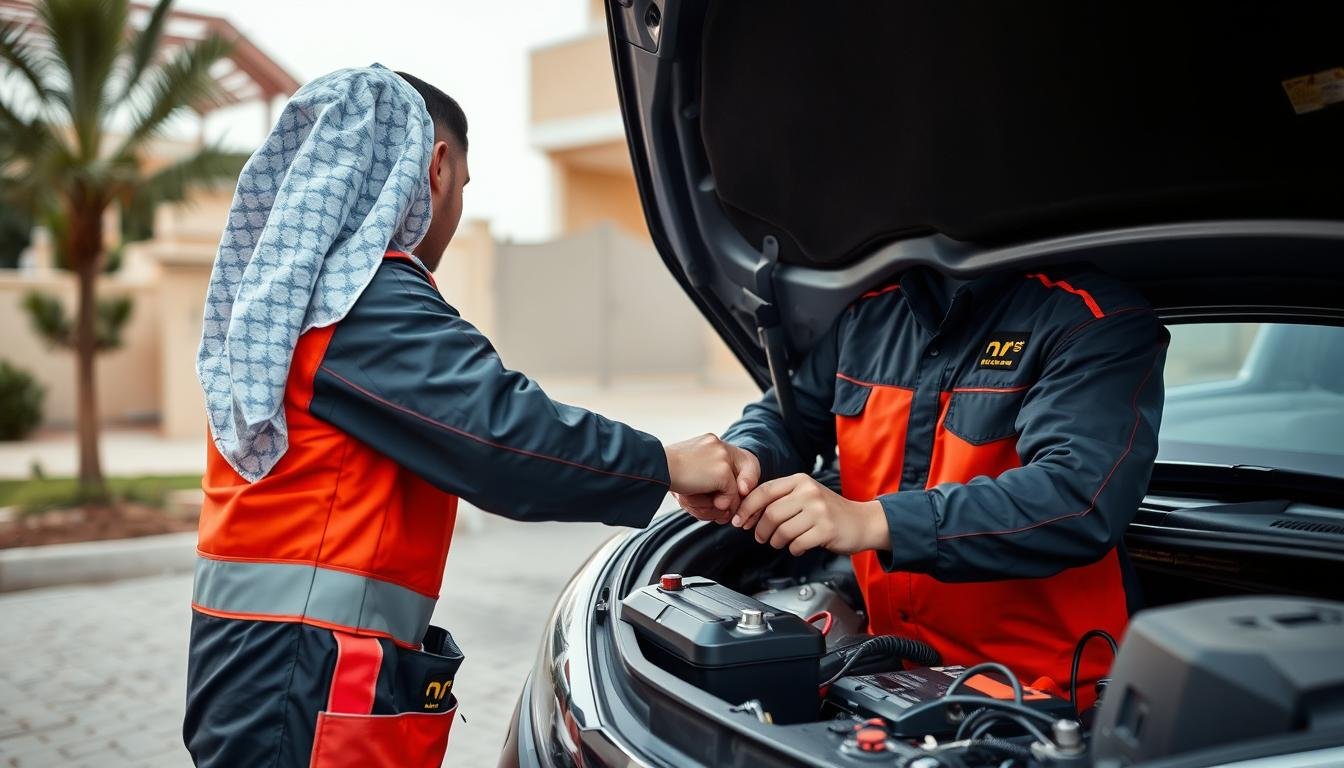 كهربائي سيارات متنقل بالرياض يقوم بفحص بطارية سيارة صينية
