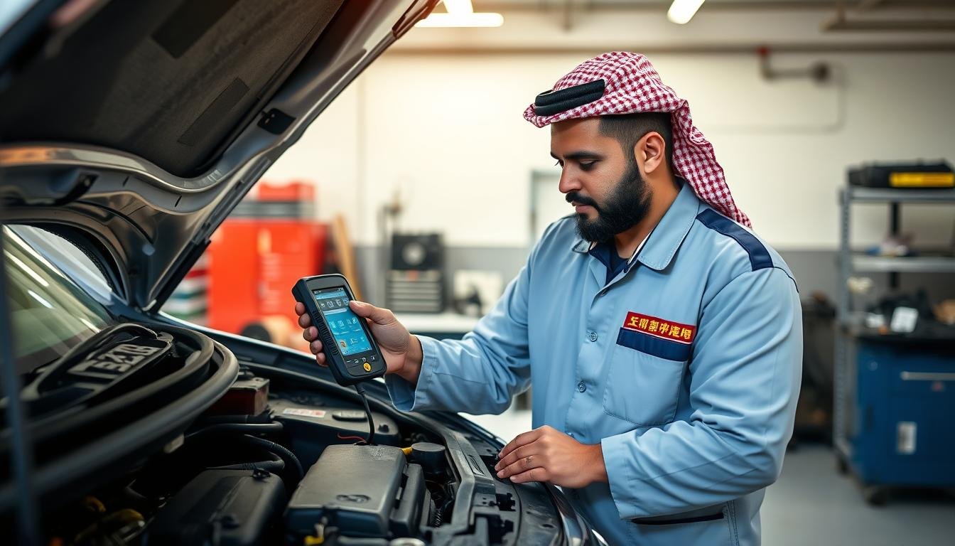 متخصص كهرباء وميكانيكا سيارات صينية بالرياض يقوم بفحص محرك سيارة صينية