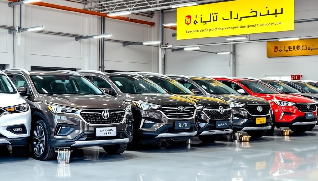 مجموعة من السيارات الصينية المختلفة في مركز حلم للصيانة بالرياض