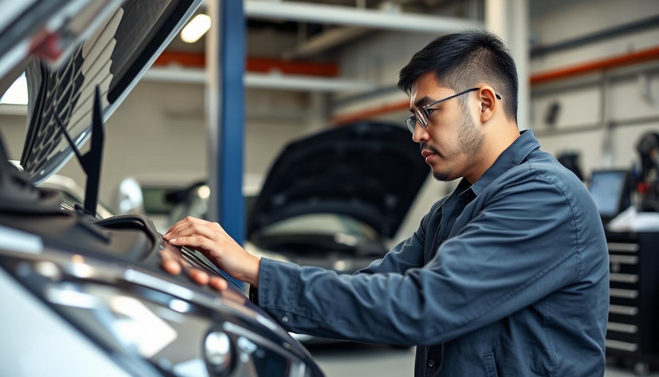 ميكانيكي سيارات صيني بالرياض في مركز حلم يقوم بفحص سيارة صينية