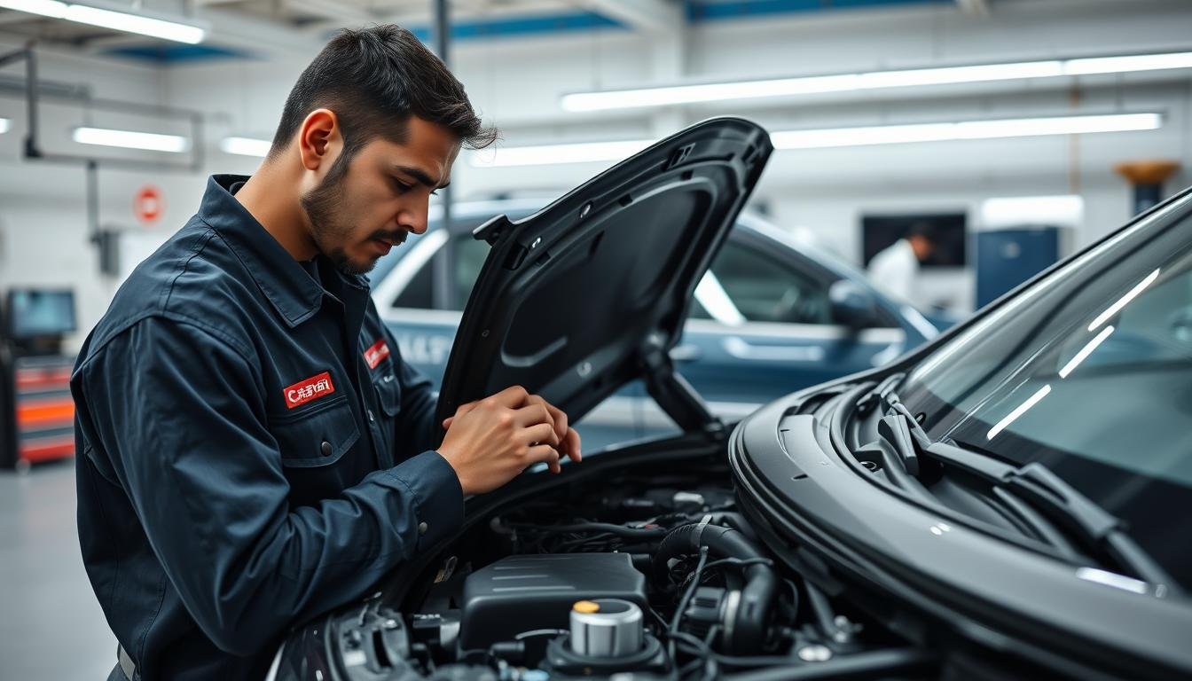 ميكانيكي سيارات صيني بالرياض يقوم بفحص محرك سيارة صينية