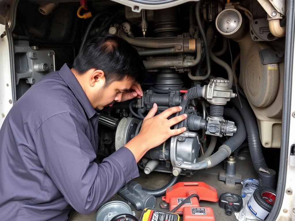 ميكانيكي متنقل بالرياض يقوم بإصلاح أعطال ميكانيكية في سيارة صينية